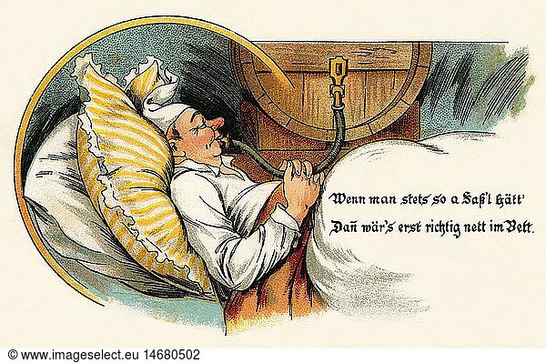 SG hist.  Alkohol  Mann trinkt Alkohol aus einem Fass zum Einschlafen  Karikatur  Lithografie  Deutschland  1903