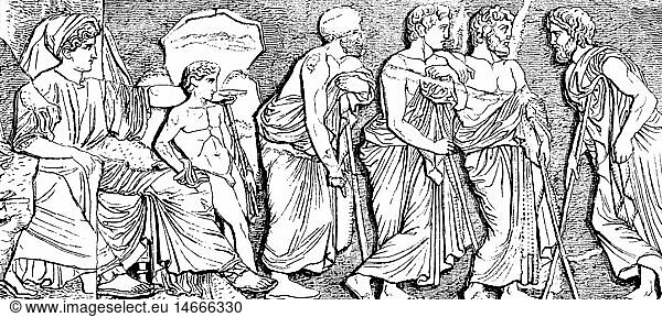 SG hist.  Antike  Griechenland  Politik  Vertreter attischer Phylen neben Aphrodite und Eros (links)  Relief  Fries des Parthenon  Akropolis  Athen  um 440 vChr.  Xylografie  19. Jahrhundert