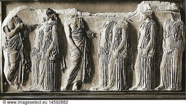 SG hist.  Antike  Griechenland  Religion  Prozession der PanathenÃ¤en  Relief von Phidias  Fries des Parthenon  Athen  um 440 vChr.  Fotopostkarte  Louvre  Paris  1920er Jahre
