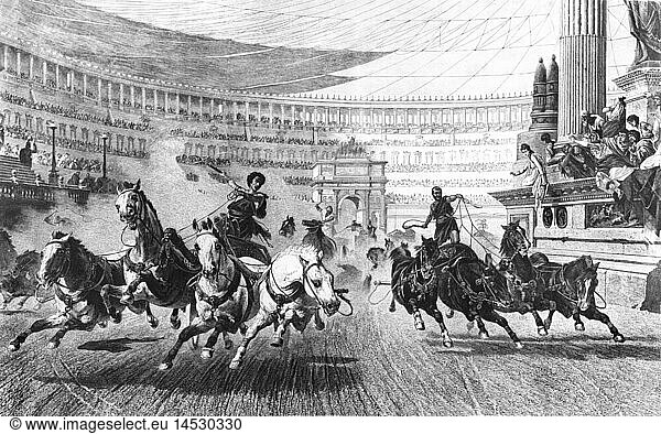 SG hist.  Antike  rÃ¶misches Reich  Wagenrennen mit Quadrigen im Circus Maximus  Rom  Genrebild  Xylografie  19. Jahrhundert