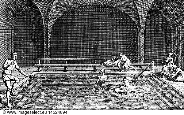 SG hist  Badewesen  Badehaus  Badehalle in Aachen  Kupferstich  'Amusements des eaux d'Aix la Chapelle'  1736