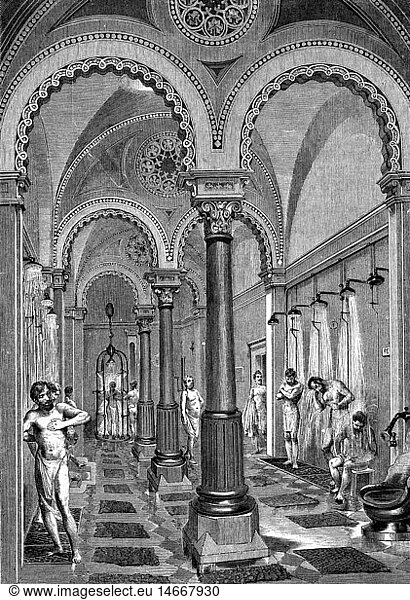 SG hist  Badewesen  Hallenbad  Raitzenbad in Ofen (Budapest)  AbkÃ¼hlraum des maurischen Schwitzbad  Xylografie nach Zeichnung von Kollarz  1870
