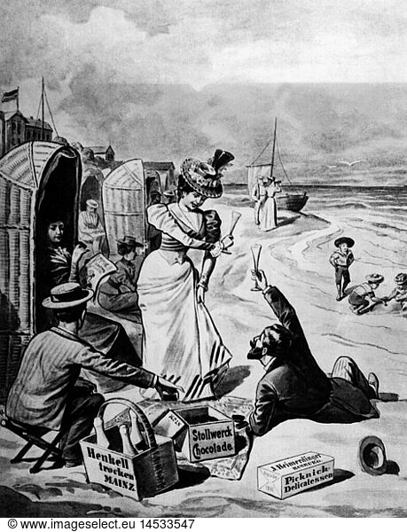SG hist  Badewesen  Seebad  Gesellschaft am Strand  Xylografie von R. Sperl  1899