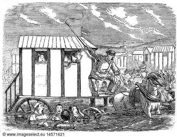 SG hist  Badewesen  Strand  Badekarren fÃ¤hrt vor  Karikatur  'Punch'  London  1857