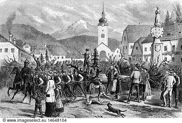 SG hist  Brauchtum  'Blockziehen' in der Steiermark  MÃ¤nner ziehen einen Baum durchs Dorf  Xylografie nach Zeichnung von F. Schlegel  1888