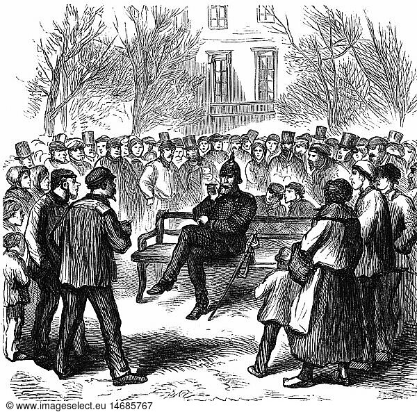SG hist Ereignisse Deutsch-Französischer Krieg 1870 - 1871 Besetzung von Paris deutscher Offizier auf den Champs-Elysees 'Ein Gegenstand der Neugier' zeitgenösische Xylografie