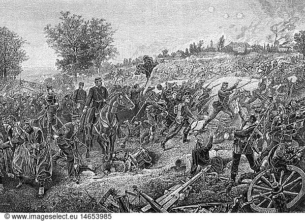SG hist  Ereignisse  Deutsch-FranzÃ¶sischer Krieg 1870 - 1871  Schlacht bei WÃ¶rth  6.8.1870  Angriff wÃ¼rttembergischer Infanterie  Xylografie nach GemÃ¤lde von Bleibtreu  19. Jahrhundert
