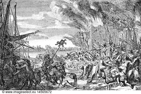 SG. hist.  Ereignisse  FranzÃ¶sisch-NiederlÃ¤ndischer Krieg 1672 - 1679  Greuel franzÃ¶sischer Soldaten in den Niederlanden 1672  zeitgenÃ¶ssischer Kupferstich von Romain de Hooghe