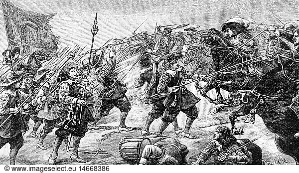 SG hist.  Ereignisse  FranzÃ¶sisch-Spanischer Krieg 1635 - 1659  Schlacht bei Rocroi  19.5.1643  Attacke franzÃ¶sischer Kavallerie gegen spanische Infanterie  Xylografie  19. Jahrhundert