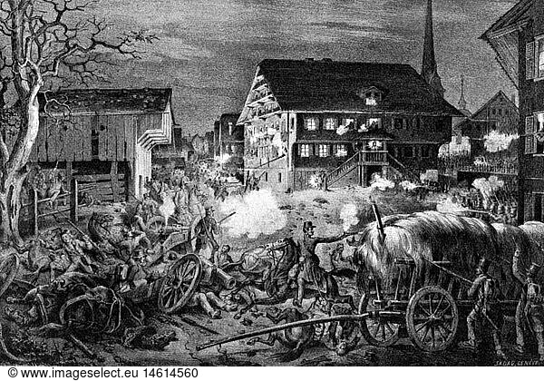 SG hist.  Ereignisse  FreischarenzÃ¼ge 1844 - 1845  Gefecht bei Malters  1.4.1845  Niederlage der Freischaren gegen Truppen aus Luzern  zeitgenÃ¶ssische Lithographie  BrÃ¼der Eglin  Luzern