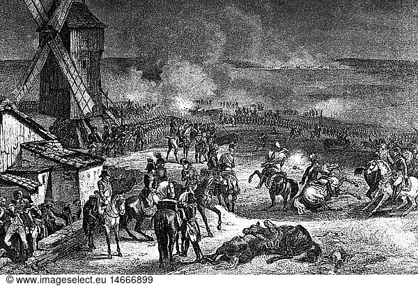 SG hist  Ereignisse  1. Koalitionskrieg 1792 - 1797  Schlacht von Valmy  20.9.1792  das Pferd von General Christophe Kellermann wird durch eine Granate getÃ¶tet  Xylografie von Aubert  19. Jahrhundert