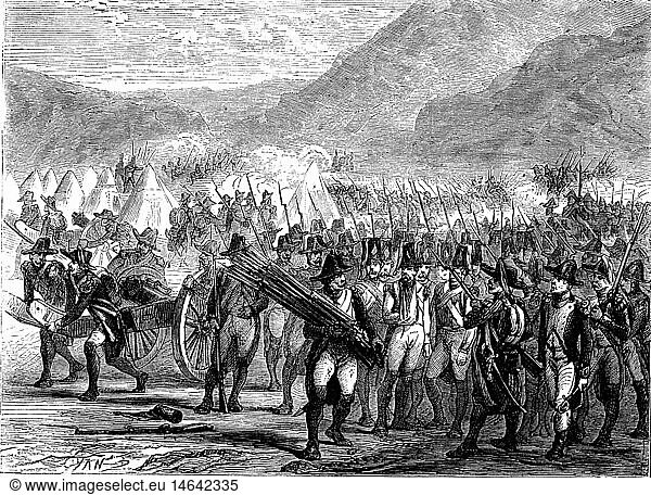 SG hist. Ereignisse Krieg auf der Spanischen Halbinsel 1807 - 1814 französische Truppen am Fuß der Pyrenäen 1808 Xylografie 19. Jahrhundert
