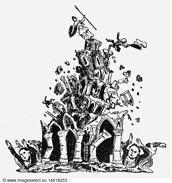 SG hist.  Ereignisse  Revolutionen 1848 - 1849  Deutschland  Karikatur  'Kopp weg! Deutschland fÃ¤llt zu Klump'  Zeichnung  1848