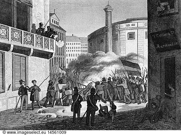 SG hist.  Ereignisse  Revolutionen 1848 - 1849  Frankreich  Februarrevolution  21.2.1848 - 24.2.1848  StraÃŸenkampf in Paris  Xylografie  19. Jahrhundert
