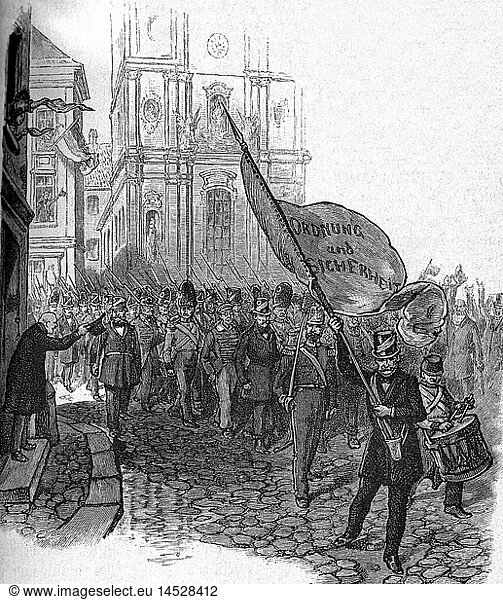 SG hist.  Ereignisse  Revolutionen 1848 - 1849  Ã–sterreich  MÃ¤rzrevolution  Wiener Nationalgarde  14.3.1848  Xylografie  1891