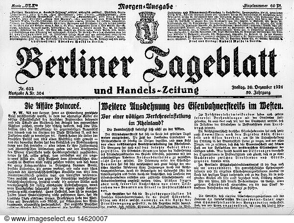 SG hist.  Ereignisse  Streik der Eisenbahner  'Weitere Ausdehung des Eisenbahnerstreiks im Westen'  Berliner Tageblatt  Nr. 602  30.12.1921