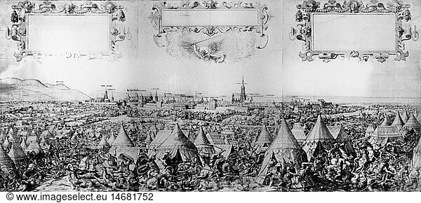 SG hist.  Ereignisse  TÃ¼rkenkriege  Belagerung von Wien durch Sultan Suleiman I.  1529  Ansicht der Stadt und des Lagers der TÃ¼rken  im Vordergrund kÃ¤mpfende Soldaten  Radierung von Hans Sebald Lautensack  1558