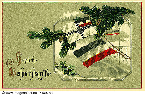 SG hist.  Ereignisse  1. Weltkrieg  Deutschland  Weihnachtskarte mit Flagge der Kriegsmarine (oben) und Flagge der Handelsmarine (unten)  aus dem 1. Weltkrieg  verschickt 22.12.1916.