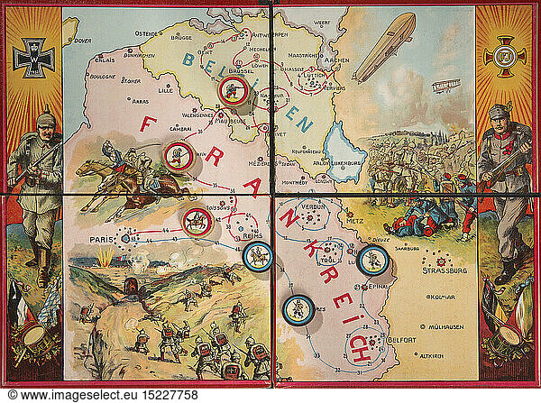 SG hist.  Ereignisse  1. Weltkrieg  Propaganda  Deutschland  patriotisches Brettspiel Ã¼ber den Krieg im Westen gegen Frankreich  1915