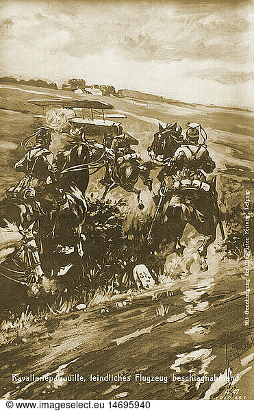 SG hist.  Ereignisse  1. Weltkrieg/WKI  Feldpostkarten  Postkarte 'Kavalleriepatrouille  feindliches Flugzeug beschlagnahmend'  Deutschland  20. Jahrhundert