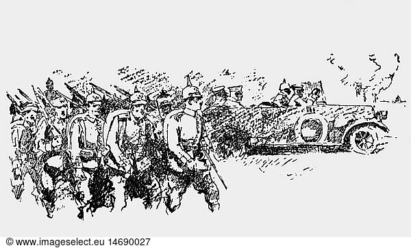 SG hist.  Ereignisse  1. Weltkrieg/WKI  MilitÃ¤r  Soldaten  marschierende Soldaten  PKW mit Offizieren  Zeichnung  Deutschland  um 1915