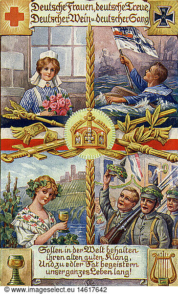 SG hist.  Ereignisse  1. Weltkrieg/WKI  Propaganda  'Deutsche Frauen  Deutsche Treue  Deutscher Wein und Deutscher Gang'  Feldpostkarte  gestempelt  10.8.1916