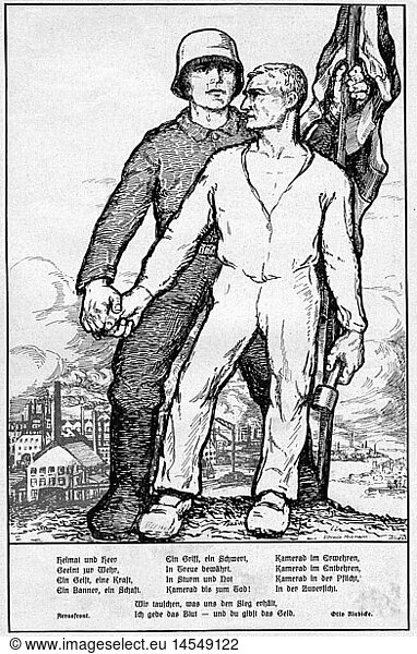 SG hist. Ereignisse 1. Weltkrieg/WKI Propaganda Soldat und Arbeiter vereint Zeichnung von Elfriede Musmann mit Gedicht von Otto Riebicke Deutschland 1917