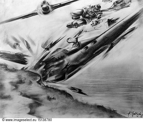 SG hist.  Ereignisse  2. Weltkrieg/WKII  Luftkrieg  England  brit. Jagdflugzeug wird von deut. JÃ¤ger abgeschossen und zerschellt an der KÃ¼ste  wÃ¤hrend der Pilot im letzten Moment aussteigt  Zeichnung von H. SchlÃ¼ter  1940