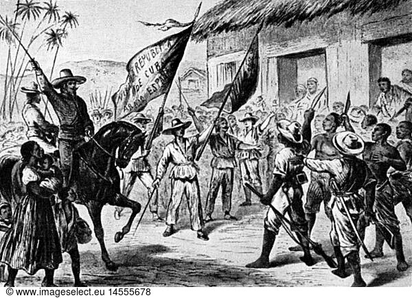 SG hist  Ereignisse  ZehnjÃ¤hriger Krieg 1868 - 1878  ErklÃ¤rung der UnabhÃ¤ngigkeit von Kuba durch Carlos Manuel de Cespedes  Manzanillo  10.10.1868  Xylografie  1869