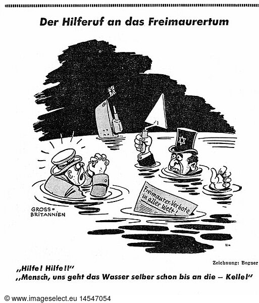 SG hist  Ereignisse  Zweiter Weltkrieg  Propaganda  Deutschland  Karikatur  'Der Hilferuf an das Freimaurertum'  Zeichung von Bogner  'Das Schwarze Korps'  26.9.1940