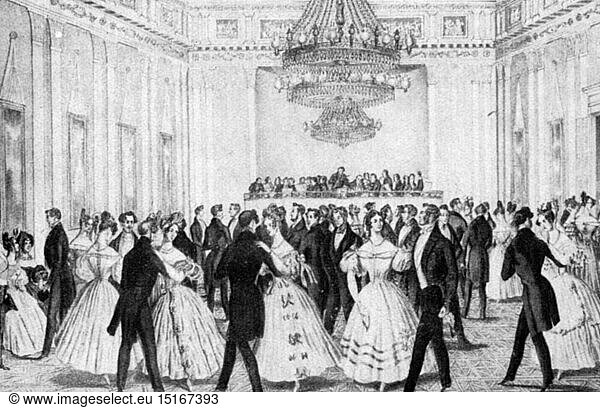 SG hist.  Feste  BÃ¤lle und Gesellschaften  Ball der vornehmen Gesellschaft  Stich um 1848
