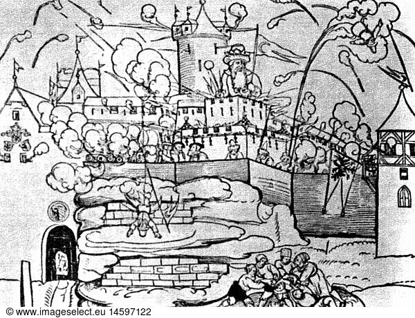 SG hist.  Feste  Feuerwerk  'Das freuden ffeuer zu Nurmberg'  Freudenfeuerwerk anlÃ¤ÃŸlich der Eroberung von Tunis durch Kaiser Karl V.  Xylografie  von Erhard SchÃ¶n (um 1491 - 1542)  1535