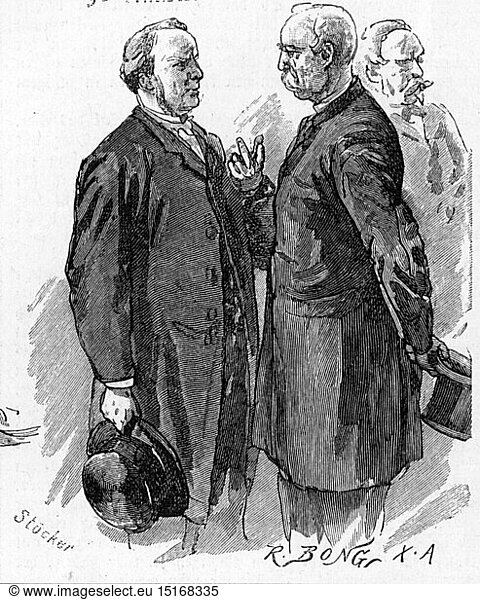 SG hist.  Feste  FrÃ¼hschoppen in der Reichskanzlei  Berlin  20.6.1884  Adolf Stoecker im GesprÃ¤ch  Xylografie nach Zeichnung von E. Henseler  'Ueber Land und Meer'  1884