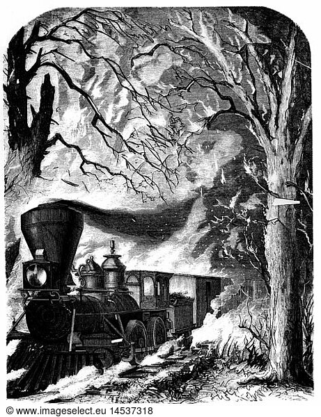 SG hist  Feuer  BrÃ¤nde  GroÃŸbrand in Michigan  Oktober 1871  eine Dampflok fÃ¤hrt durch das Feuer  Xylografie  Deutschland  'Das Buch fÃ¼r Alle'  Stuttgart  1872