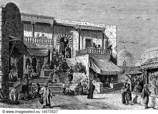 SG hist. Gastronomie Cafe / Straßencafe arabisches Kaffeehaus Außenansicht Xylografie 19. Jahrhundert