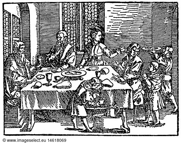SG hist.  Gastronomie  Essensszenen  Gastmahl  Holzschnitt  16. Jahrhundert