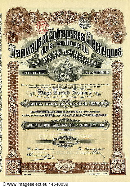 SG hist.  Geld  Aktien  Aktie der Tramways et Entreprises Electriques de la Banlieu de St. Petersbourg  Societe Anonyme  St. Petersburg  Russland  1912
