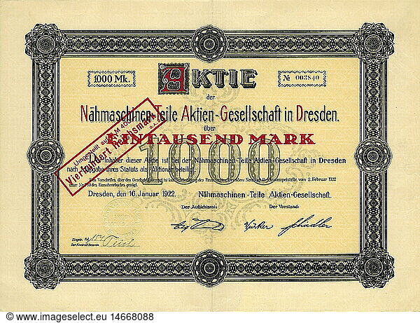 SG hist.  Geld  Aktien  Aktie  eintausend Reichsmark  NÃ¤hmaschinen-Teile Aktien-Gesellschaft in Dresden  Deutschland  1922