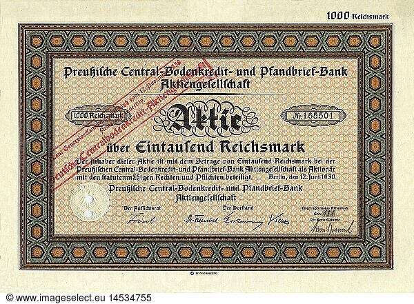 SG hist.  Geld  Aktien  Aktie  eintausend Reichsmark  PreuÃŸische Central-Bodenkredit- und Pfandbrief-Bank Aktiengesellschaft  Deutschland  1926