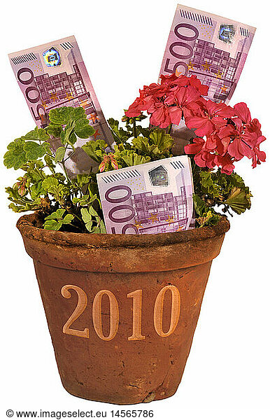 SG hist.  Geld  Euro  Wirtschaftswachstum  Blumentopf mit 500 Euro Geldscheinen  Symbolbild  2010