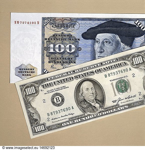 SG hist.  Geld  Geldscheine  100 Deutsche Mark  100 US - Dollar  Vorderseite  1970er / 1980er Jahre
