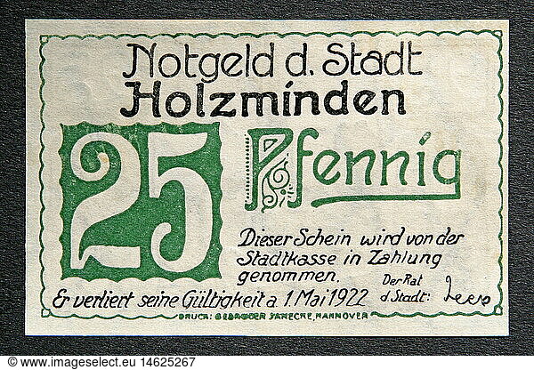 SG hist.  Geld  Geldscheine  Deutschland  25 Pfennig  RÃ¼ckseite  Herausgeber: Stadtrat der Stadt Holzminden  GÃ¼ltigkeit bis 1.5.1922