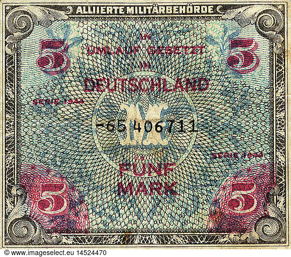 SG hist.  Geld  Geldscheine  Deutschland  5 Reichsmark  Note der Alliierten MilitÃ¤rbehÃ¶rde  Serie 1944 SG hist., Geld, Geldscheine, Deutschland, 5 Reichsmark, Note der Alliierten MilitÃ¤rbehÃ¶rde, Serie 1944,