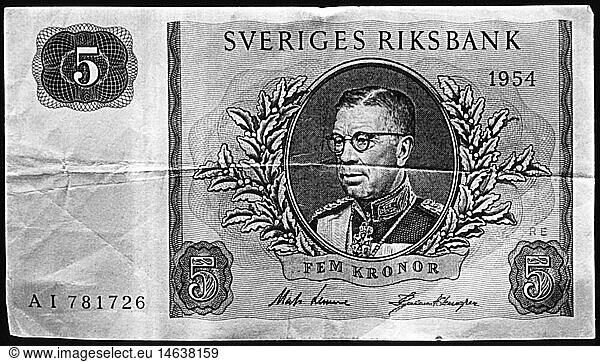 SG hist  Geld  Geldscheine  Schweden  5 Kronen  Schwedische Reichsbank  1954