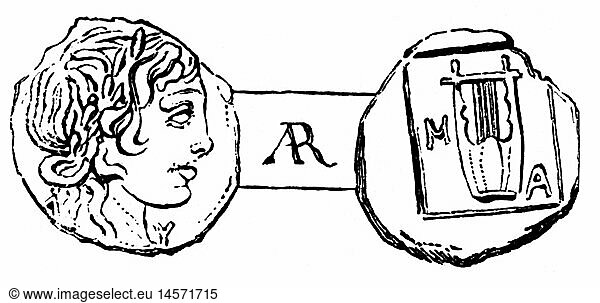 SG hist.  Geld  MÃ¼nzen  Antike  Griechenland  MÃ¼nze mit Bildnis des Gottes Apollo und Lyra  aus rÃ¶mischer Zeit  Myra  Xylografie  19. Jahrhundert