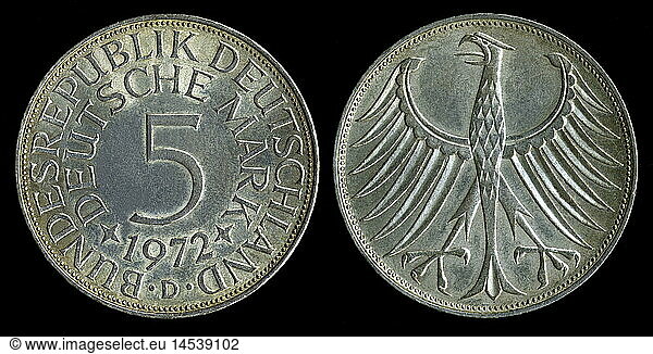 SG hist.  Geld  MÃ¼nzen  Deutschland  FÃ¼nf-Mark-StÃ¼ck  Zahlungsmittel in der Bundesrepublik von 1951 bis 1975
