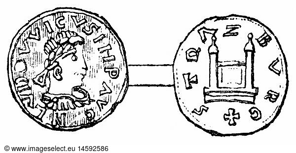 SG hist.  Geld  MÃ¼nzen  Frankenreich  MÃ¼nze  von Kaiser Ludwig dem Frommen  StraÃŸburg  9. Jahrhundert  Xylografie  nach Cappe  19. Jahrhundert