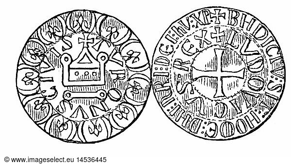 SG hist.  Geld  MÃ¼nzen  Frankreich  Tournosgroschen  13. Jahrhundert  Xylografie  19. Jahrhundert