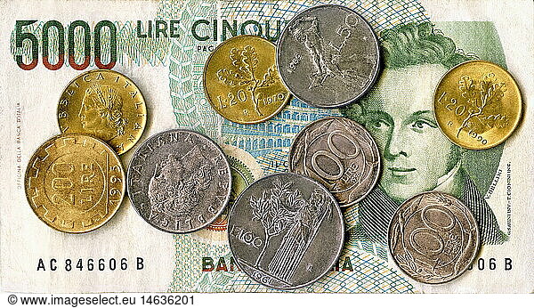 SG hist.  Geld  MÃ¼nzen  Italien  1961 bis 1998  italienische Lire  Zahlungsmittel bis 2001  von 20 bis 5000 Lire  Banknote