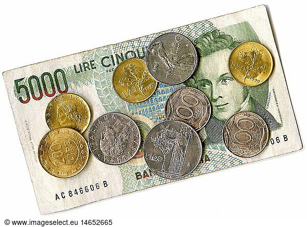 SG hist.  Geld  MÃ¼nzen  Italien  1961 bis 1998  italienische Lire  Zahlungsmittel bis 2001  von 20 bis 5000 Lire  Banknote
